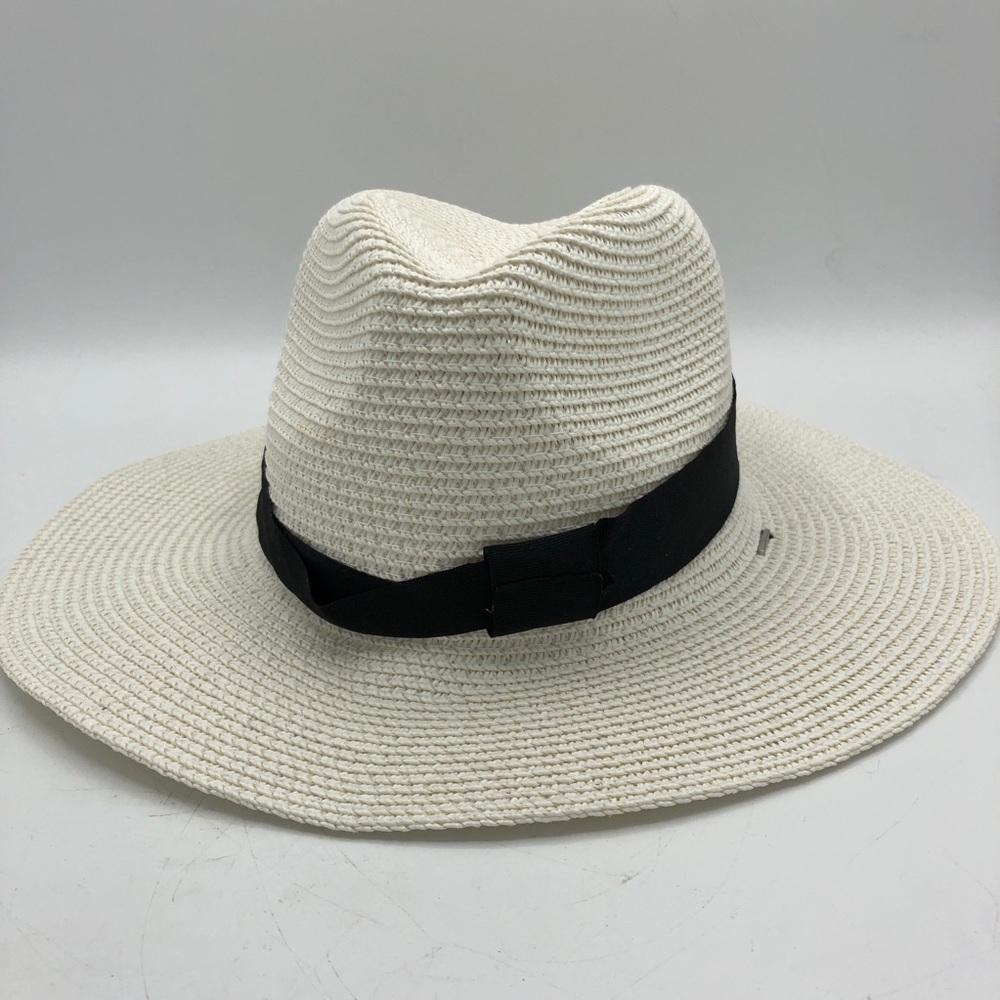 Sun Hat Floppy Ivory Off White Chin String Ribbon Detail Black Beach